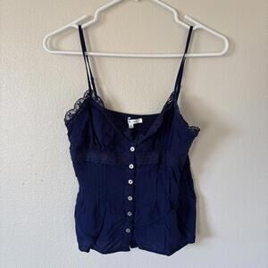 Love Tree Womens Small Button Front Blue Smocked Lace Cami Top